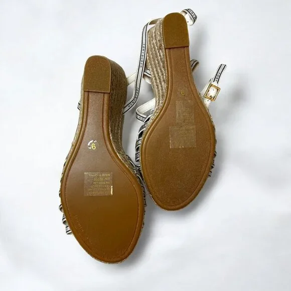 Tory Burch White Beige Logo Ribbon Wedge Espadrille Platform Sandals Heels Sz 9 - Picture 6 of 8